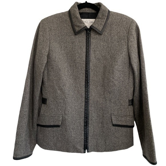 Oscar de la Renta Wool Jacket with Leather Trim Size 10 - Picture 1 of 7